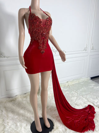 Ships in 1 to 3 Days - Velvet Scarlet Mini Dress with Intricate Beadwork and Sheer Panels