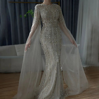 Ships in 1 to 3 Days - 2024 Saudi Arabia Caramel Mermaid Evening Gown - Elegant Cape Sleeve Luxury Beaded Dress for Formal Occasions