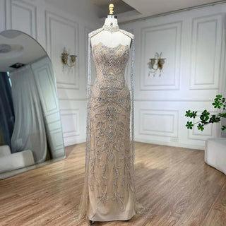 Arabic Silver Nude Mermaid Strapless Tassel Beaded Luxury Evening Dresses Gowns for Women Wedding Party
