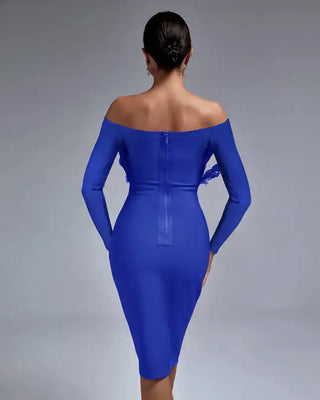 Ships in 1 to 3 Days - Blue Off-Shoulder Long Sleeve Mini Bandage Dress - Cut-Out Midi Club Dinner Evening Fashion Dress with Feather Detail