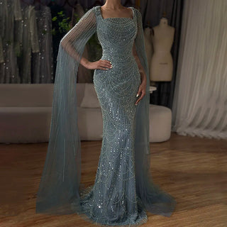 2024 Saudi Arabic Turquoise Mermaid Evening Dress - Beaded Pearls with Cape Sleeves for Formal Occasions