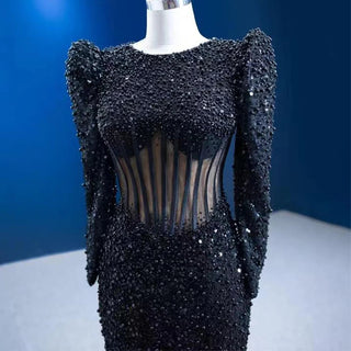 Crystal Heavy Beaded Sequins Long Sleeve Mermaid Evening Party Dress