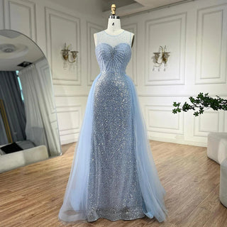 Dubai Arabic Mermaid Blue Elegant with Overskirt Beaded Evening Dresses Gowns for Women's Wedding Party 2024
