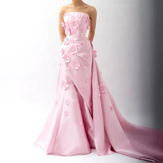 2024 Saudi Pink Ruched Strapless Satin Mermaid Evening Gown with Appliques and Lace-Up Back for Formal Occasions
