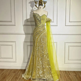 Ships in 1 to 3 Days - Arabic Blue Strapless Yellow High-Split Mermaid Beaded Luxury Evening Gown for Women Wedding Party 2024