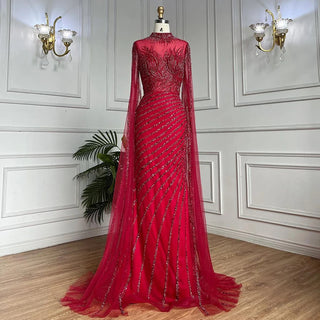 Arabic Caramel Mermaid Evening Dress with Cape Sleeves - Lace Beaded Long Gown for Women's Wedding Party (2024)