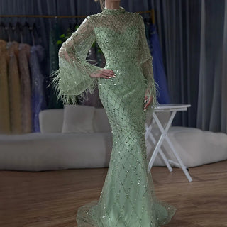 Ships in 1 to 3 Days - 2024 Saudi Caramel Mermaid Evening Dress - Illusion Cut Out Lace Beaded Feathers Gown for Formal Occasions