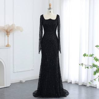 Dubai Luxury Black Beaded Mermaid Evening Gown with Long Sleeves - Arabic Champagne Formal Prom Dress