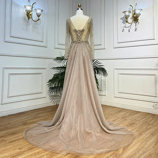 Dubai Luxury Beaded Pearls Caramel Mermaid Evening Dress - 2024 Elegant Square Neck Gown for Women's Party