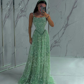 2025 Sage Green Saudi Beaded A-Line Evening Gown with Spaghetti Straps – Customized Elegance