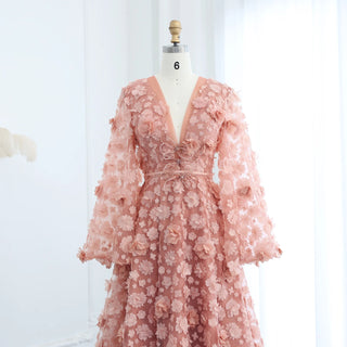 Blush Peach-Pink 3D Flowers Evening Dress with Bell Long Sleeves and V-Neck | Arabic Wedding Party Birthday Gown