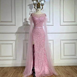 Ships in 1 to 3 Days - 2024 Pink Cape Sleeves Dubai Evening Gown Mermaid with Side Skirt and Feather Beaded Dress for Women's Party