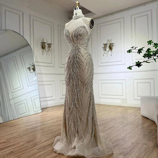 Ships in 1 to 3 Days - 2024 Arabic Nude Halter Neck Mermaid Pearls Beaded Luxury Dubai Evening Gown for Women's Party