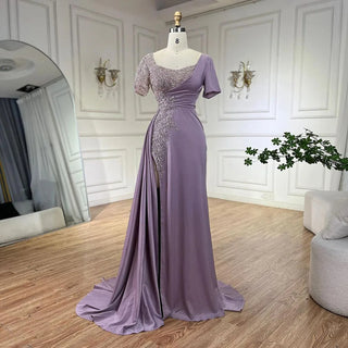 Arabic Lilac Mermaid Elegant Satin Beaded Luxury Dubai Gray Evening Dresses Gowns For Women Wedding Party