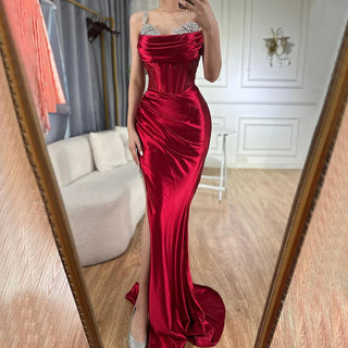 Ships in 1 to 3 Days - 2024 Saudi Arabic Spaghetti Strap Wine Red Satin Evening Dress - High Slit Gown for Formal Occasions