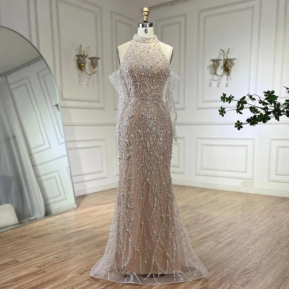 Luxury Turquoise Beaded Mermaid Evening Dress with Detachable Top LA73095