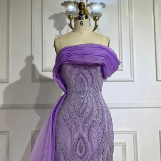 Ships in 1 to 3 Days - 2024 One-Shoulder Purple Mermaid Evening Gown with Beaded Side Skirt Overlay.