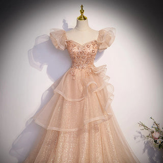 Champagne V-Neck Prom Dresses Appliques A-Line Floor-Length Formal Gown