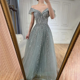 Ships in 1 to 3 Days -2024 Saudi Arabic Gray Beaded A-Line Evening Gown for Formal Occasions
