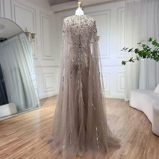 Arabic Turquoise Mermaid Evening Dress 2024 with Beaded Cape Sleeves, Elegant Luxury - Ideal for Women's Wedding Party