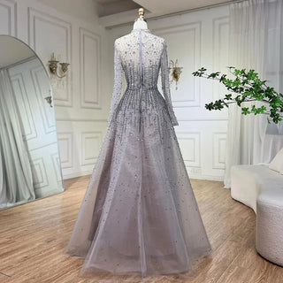 Dubai Luxury Grey Beaded A-Line Evening Dress 2024: Modest Style for Muslim Women's Party Gown and Prom Dress