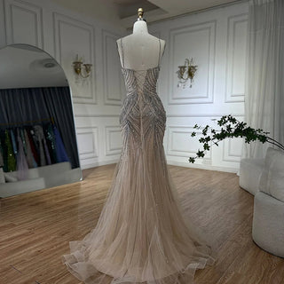 Ships in 1 to 3 Days - 2024 Silver Nude Spaghetti Strap Mermaid Evening Dress - Luxury Beaded Tassel Gown for Formal Occasions