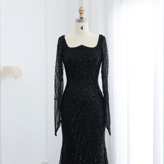 Dubai Luxury Black Beaded Mermaid Evening Gown with Long Sleeves - Arabic Champagne Formal Prom Dress