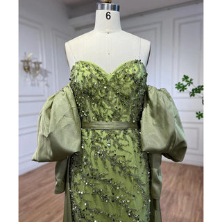 Arabic Olive Satin Mermaid Strapless Puff Sleeves Beaded Evening Dress - Gown for Women's Wedding Party 2024