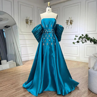 Arabic Blue Satin Mermaid Strapless Puff Sleeves Beaded Evening Dresses Gowns for Women | Wedding Party 2024