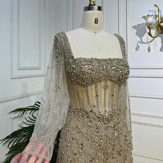 Dubai Luxury Beaded Pearls Caramel Mermaid Evening Dress - 2024 Elegant Square Neck Gown for Women's Party