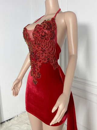 Ships in 1 to 3 Days - Velvet Scarlet Mini Dress with Intricate Beadwork and Sheer Panels