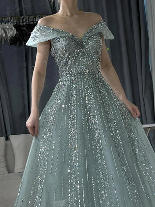 Ships in 1 to 3 Days -2024 Saudi Arabic Gray Beaded A-Line Evening Gown for Formal Occasions