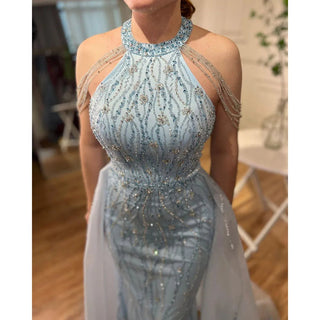 Chic Blue Halter Sleeveless Mermaid Elegant Overskirt Beaded Evening Gown - 2024 Formal Party Dress for Women