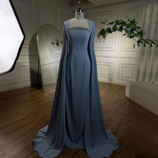Arabic Blue Mermaid Evening Gown: Elegant Cape Sleeves, Beaded Satin Luxury - Women's Party Dresses 2024