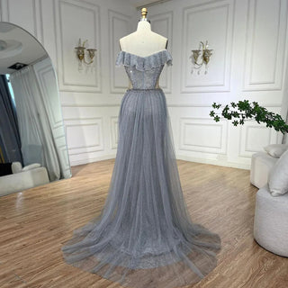 Luxurious Arabic Silver Mermaid Evening Gown with Detachable Train for Women's Party