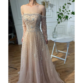 Arabic Nude Boat Neck A-Line Beaded Long Evening Gown for Women's Wedding Party