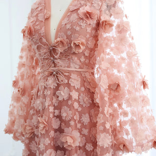 Blush Peach-Pink 3D Flowers Evening Dress with Bell Long Sleeves and V-Neck | Arabic Wedding Party Birthday Gown