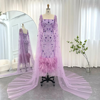 Dubai Luxury Lilac Evening Dress with Feathers and Cape Sleeves: Ankle Length Midi Elegance for Arabic Women's Wedding Party Gowns