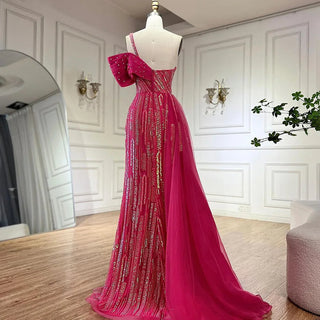 2024 Arabic Fuchsia One Shoulder Blue Beaded Luxury Dubai Evening Gowns with Side Skirt for Women's Party