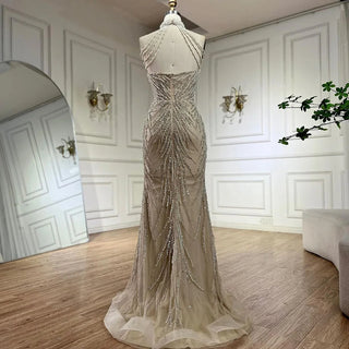 Ships in 1 to 3 Days - 2024 Arabic Nude Halter Neck Mermaid Pearls Beaded Luxury Dubai Evening Gown for Women's Party