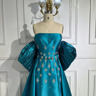 Arabic Blue Satin Mermaid Strapless Puff Sleeves Beaded Evening Dresses Gowns for Women | Wedding Party 2024