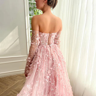 Ships in 1 to 3 Days - 2024 Pink Strapless Back Lace-Up Mermaid Evening Gown with Overskirt and Appliques for Women Wedding Party