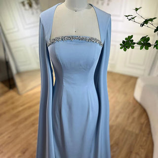 Arabic Blue Mermaid Evening Gown: Elegant Cape Sleeves, Beaded Satin Luxury - Women's Party Dresses 2024