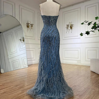 Ships in 1 to 3 Days - 2024 Arabic Strapless Blue Beaded Feathers Luxury Dubai Evening Gowns with Side Skirt for Women's Party