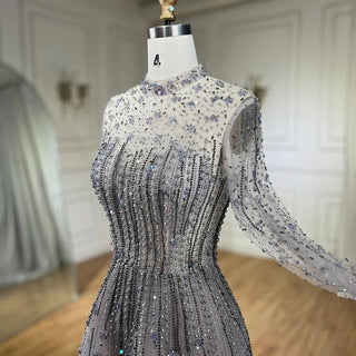 Dubai Luxury Grey Beaded A-Line Evening Dress 2024: Modest Style for Muslim Women's Party Gown and Prom Dress