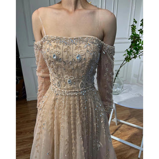 Arabic Nude Boat Neck A-Line Beaded Long Evening Gown for Women's Wedding Party