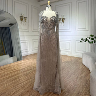 Arabic Silver Nude Beaded Evening Gown - Cape Sleeves Luxury Wedding Party Dress for Women