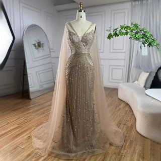 Arabic Blue Mermaid Elegant Evening Gown 2024: Cape Sleeves, Beaded, for Women's Wedding Party