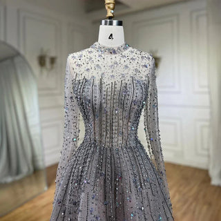 Dubai Luxury Grey Beaded A-Line Evening Dress 2024: Modest Style for Muslim Women's Party Gown and Prom Dress