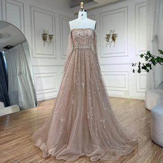 Arabic Nude Boat Neck A-Line Beaded Long Evening Gown for Women's Wedding Party